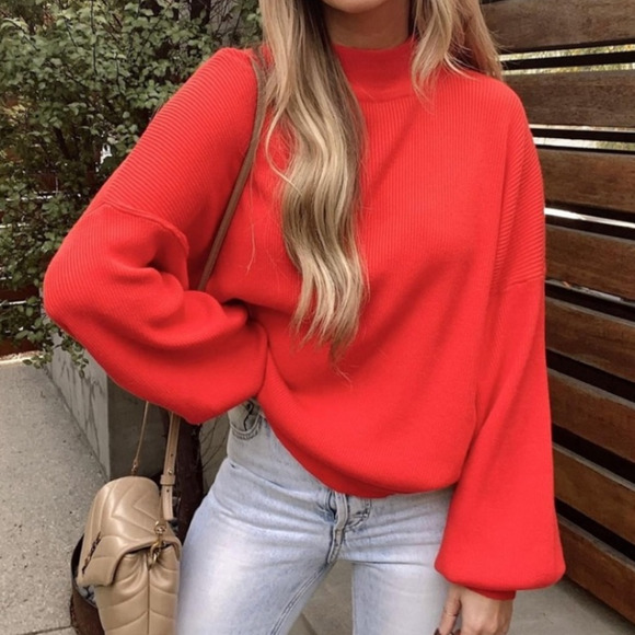 Vici Sweaters - VICI X Amber Russ NWT oversized Balloon sleeve mock neck sweater red ribbed knit